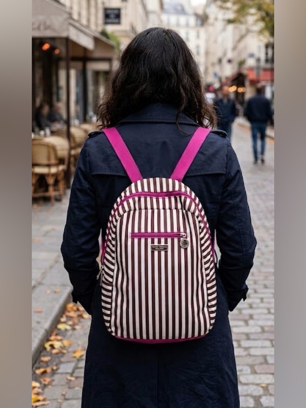 henri bendel Brown & White Striped Backpack with Pink Trim